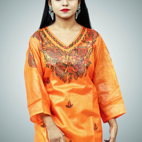 Handpainted Silk Kurti Mithila Gram