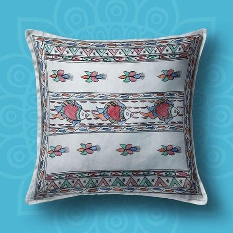 Handpainted White Fish Cushion Cover (Set of 5) Mithila Gram