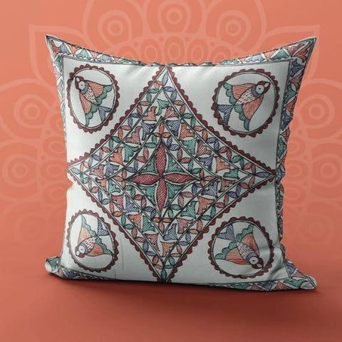 Handpainted White Fish Cushion Cover (Set of 5) Mithila Gram