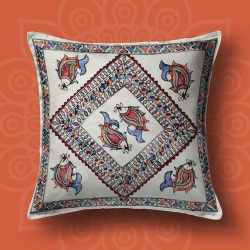 Handpainted White Fish Cushion Cover (Set of 5) Mithila Gram