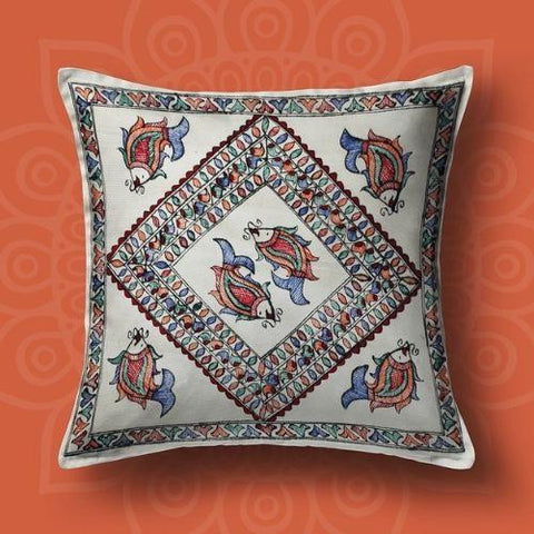 Handpainted White Fish Cushion Cover (Set of 5) Mithila Gram