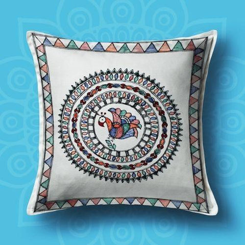 Handpainted White Peacock Cushion Cover (Set of 5) Mithila Gram