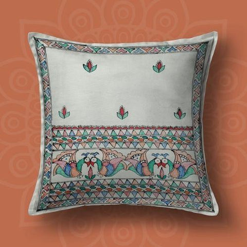 Handpainted White Peacock Cushion Cover (Set of 5) Mithila Gram