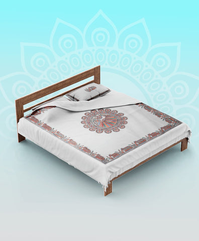 Handpainted White Peacock Double Bedsheet with Pillow Cover Mithila Gram