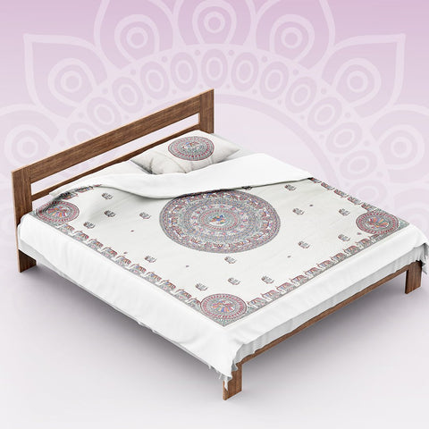 Handpainted White Peacock Double Bedsheet with Pillow Cover Mithila Gram