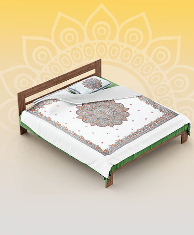 Handpainted White Peacock Fish Double Bedsheet with Pillow Cover Mithila Gram