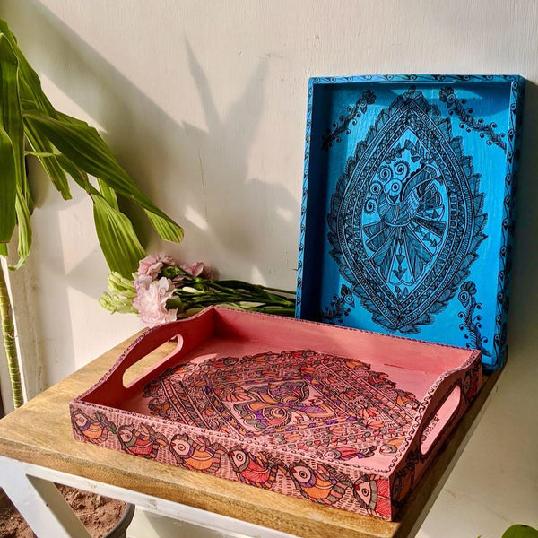 Handpainted Wooden Multipurpose Tray Mithila Gram