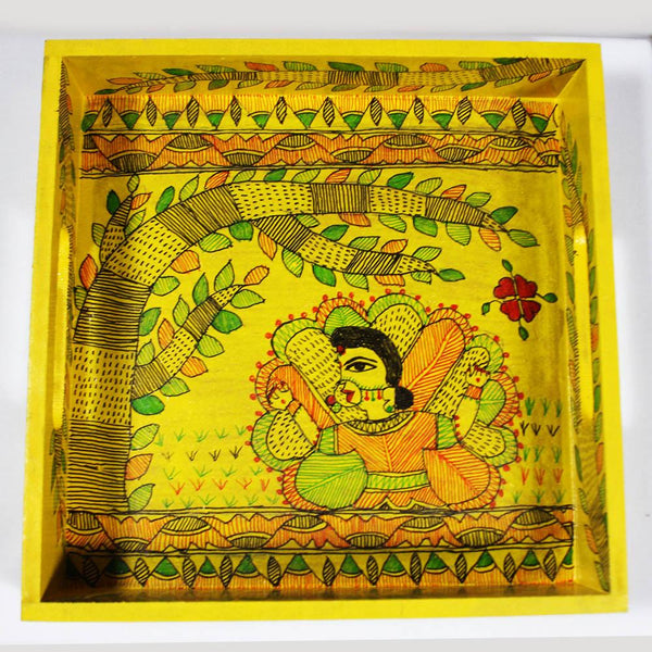 Handpainted Yellow Krishna Multipurpose Tray Mithila Gram