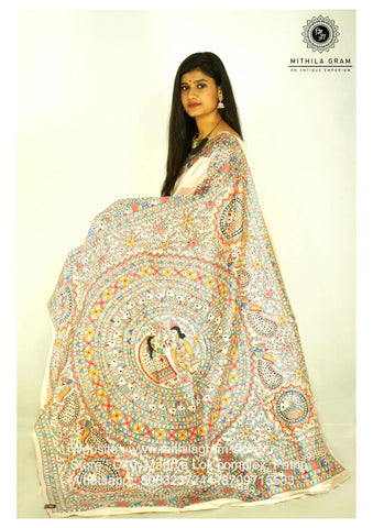 Madhubani Painted 80gm Banglore Silk Saree Mithila Gram