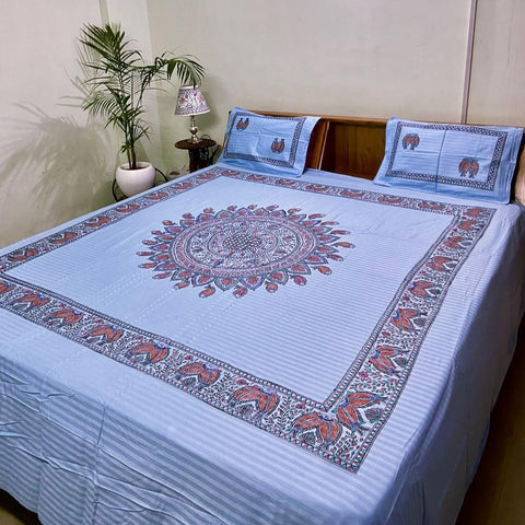 Madhubani Painted Double Bedsheet with Pillow Cover Mithila Gram